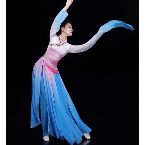 Chinese folk classical dance costumes for women girls blue gradient Water sleeve caiwei jinghong dance dresses elegant traditional fan umbrella performance fairy hanfu 